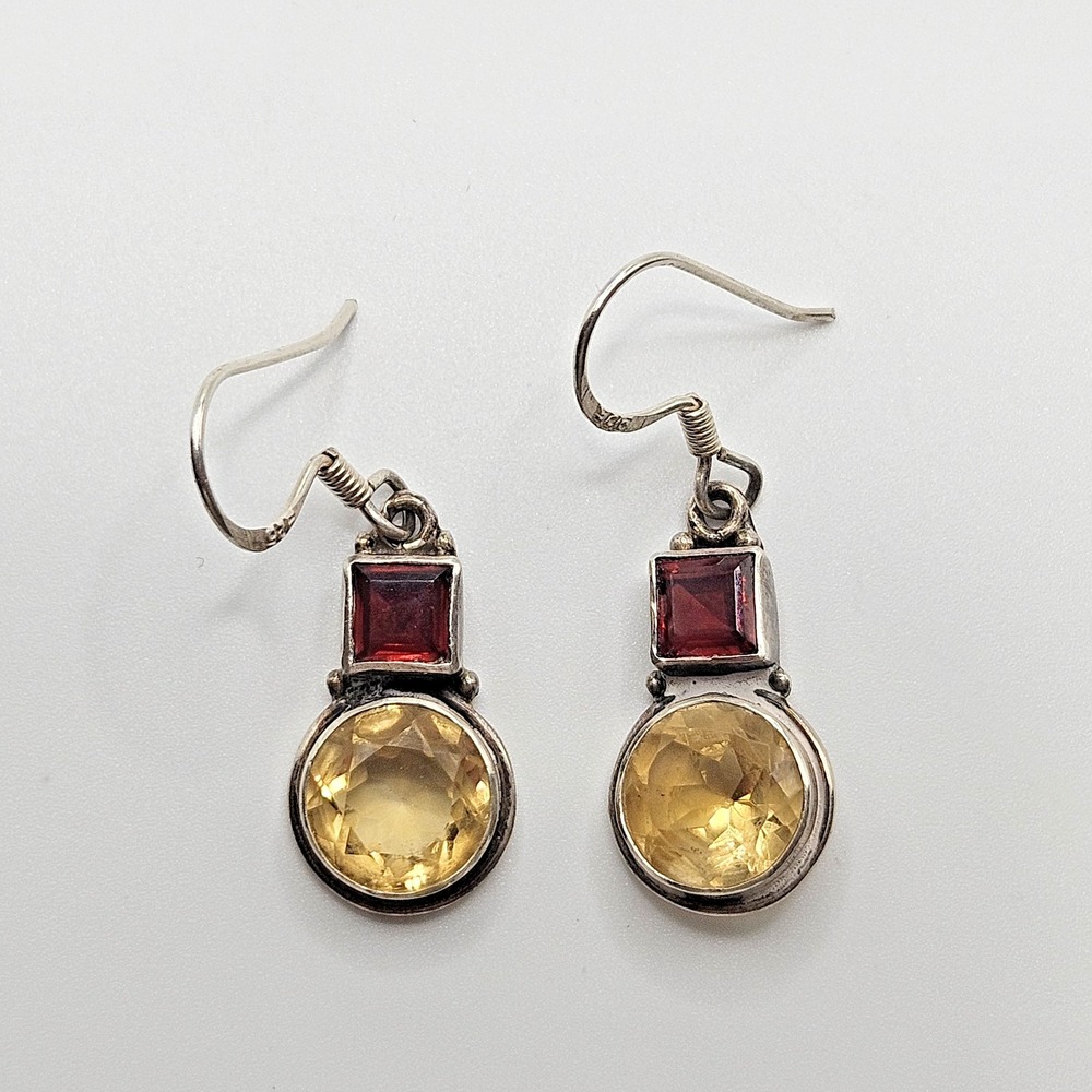 Sterling Silver Citrine Garnet Earrings Drop Dangle Geometric 925